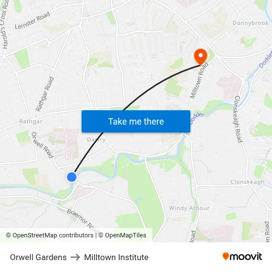 Orwell Gardens to Milltown Institute map