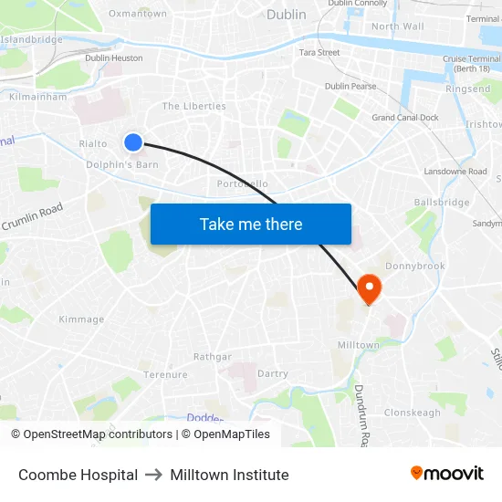 Coombe Hospital to Milltown Institute map