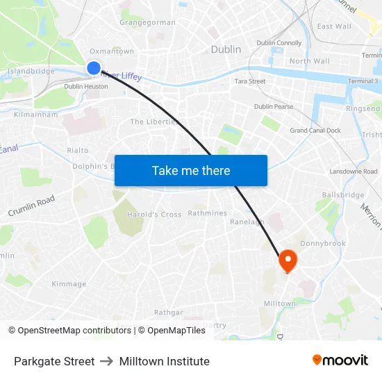 Parkgate Street to Milltown Institute map