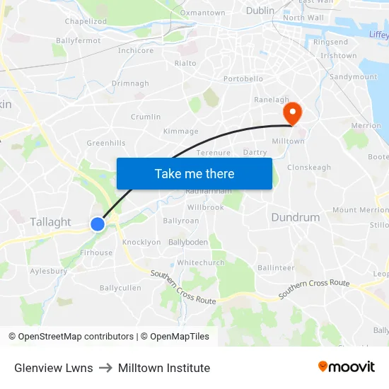 Glenview Lwns to Milltown Institute map