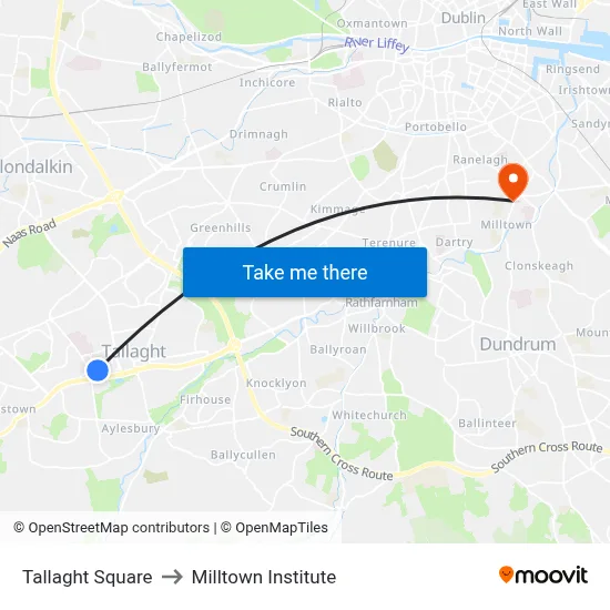 Tallaght Square to Milltown Institute map