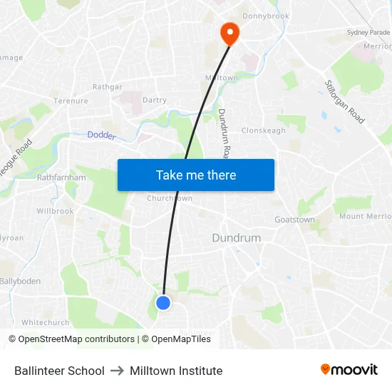 Ballinteer School to Milltown Institute map