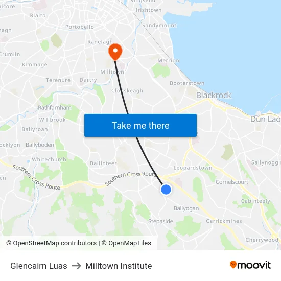 Glencairn Luas to Milltown Institute map