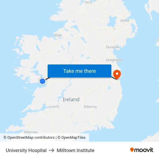University Hospital to Milltown Institute map