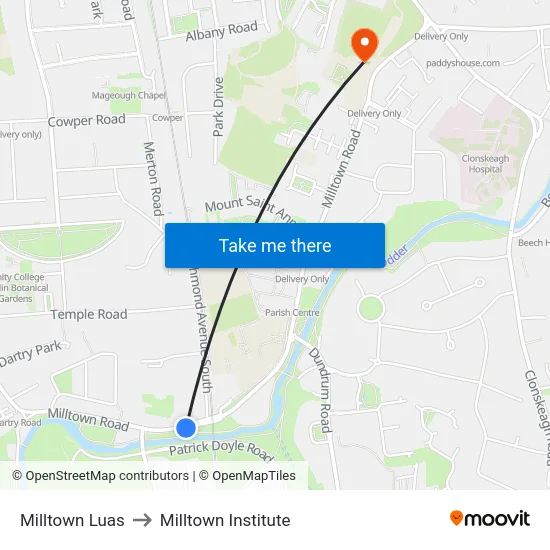 Milltown Luas to Milltown Institute map