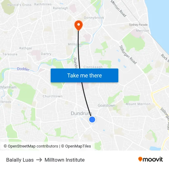 Balally Luas to Milltown Institute map