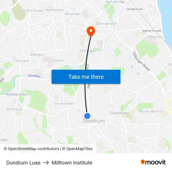 Dundrum Luas to Milltown Institute map