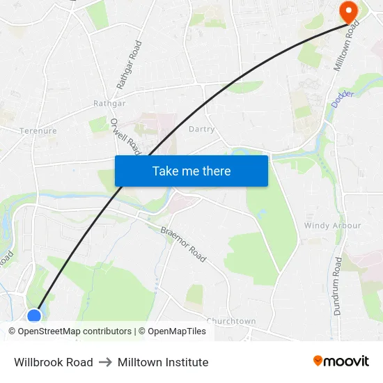 Willbrook Road to Milltown Institute map