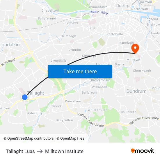 Tallaght Luas to Milltown Institute map