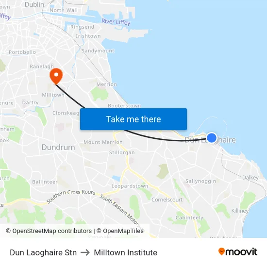 Dun Laoghaire Stn to Milltown Institute map