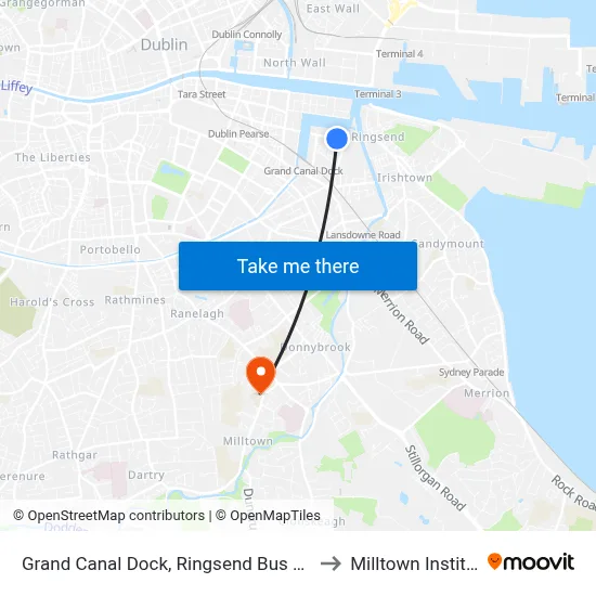 Grand Canal Dock, Ringsend Bus Depot to Milltown Institute map