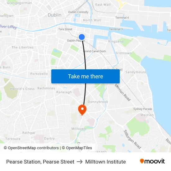 Pearse Station, Pearse Street to Milltown Institute map