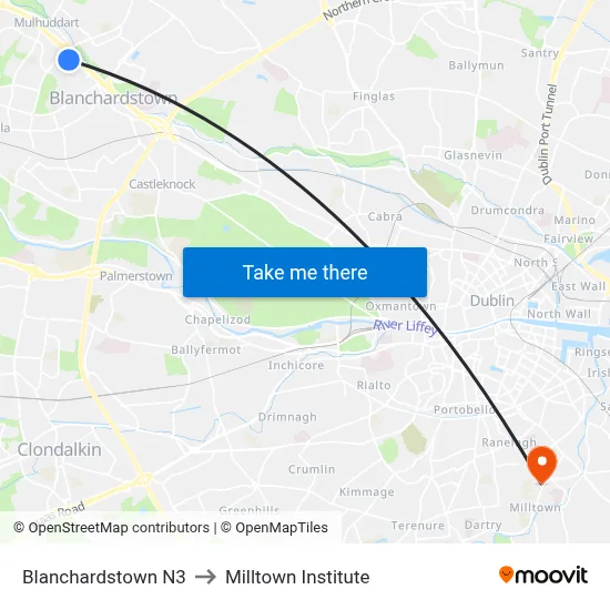 Blanchardstown N3 to Milltown Institute map