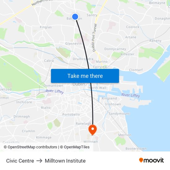 Civic Centre to Milltown Institute map