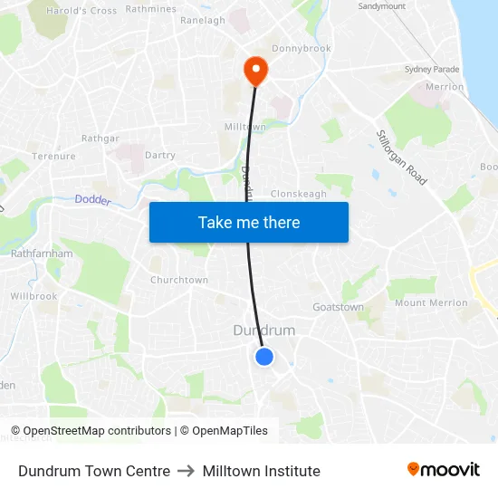 Dundrum Town Centre to Milltown Institute map