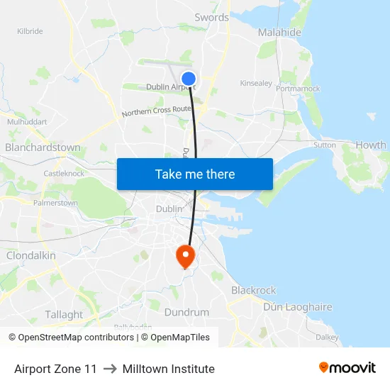 Airport Zone 11 to Milltown Institute map