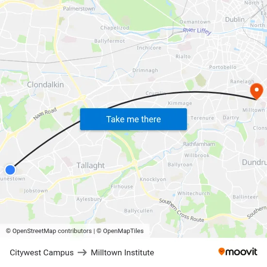 Citywest Campus to Milltown Institute map