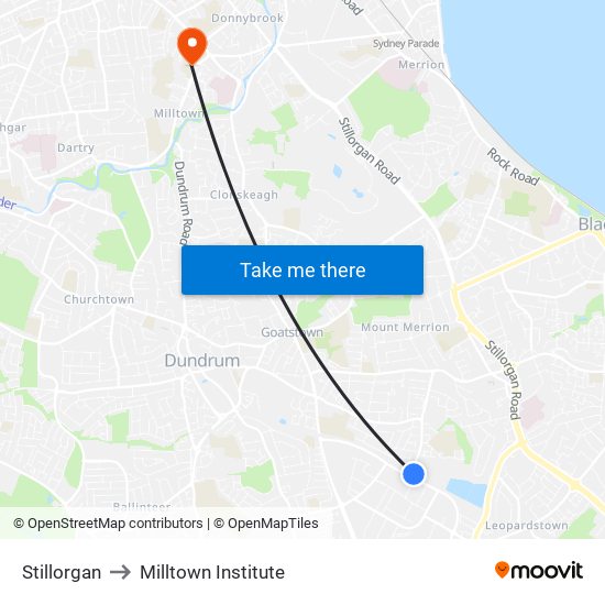 Stillorgan to Milltown Institute map