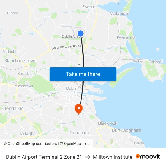 Dublin Airport Terminal 2 Zone 21 to Milltown Institute map