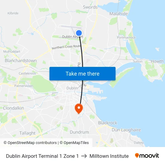Dublin Airport Terminal 1 Zone 1 to Milltown Institute map