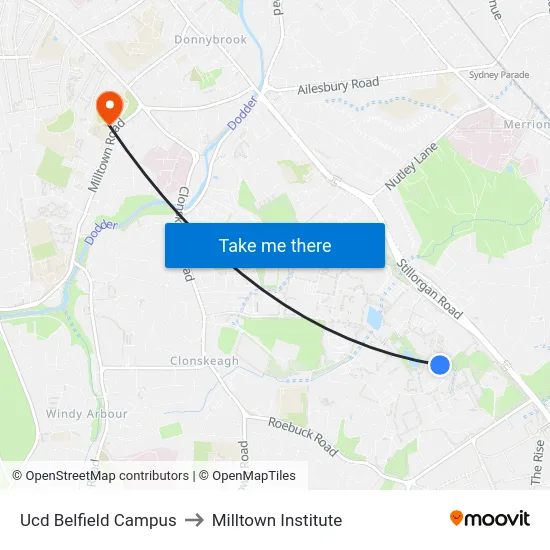 Ucd Belfield Campus to Milltown Institute map