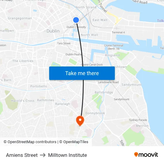 Amiens Street to Milltown Institute map