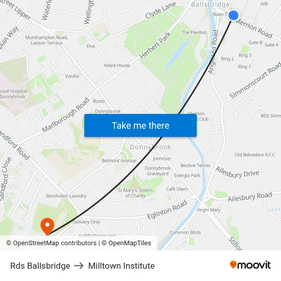 Rds Ballsbridge to Milltown Institute map