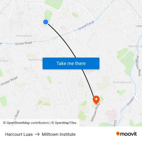 Harcourt Luas to Milltown Institute map