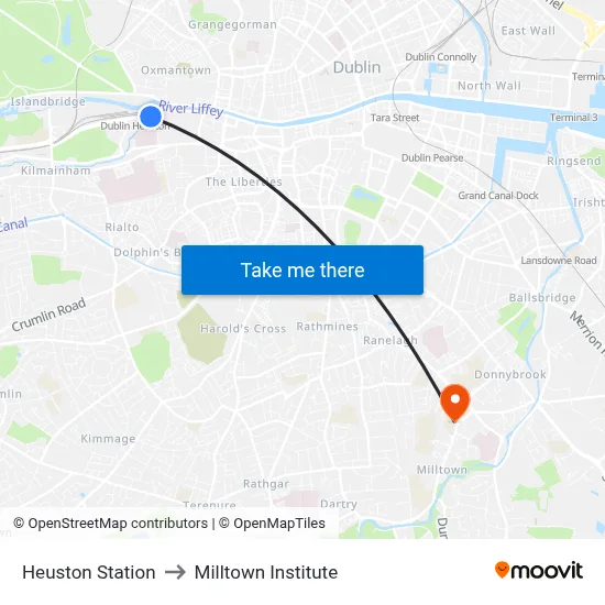 Heuston Station to Milltown Institute map