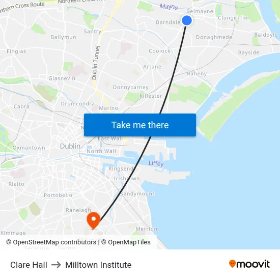 Clare Hall to Milltown Institute map