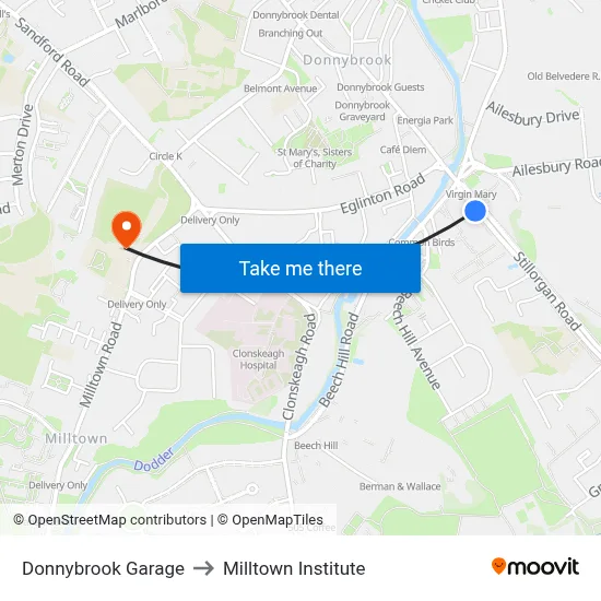 Donnybrook Garage to Milltown Institute map