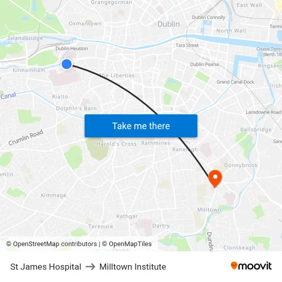 St James Hospital to Milltown Institute map