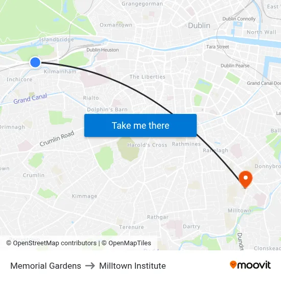 Memorial Gardens to Milltown Institute map