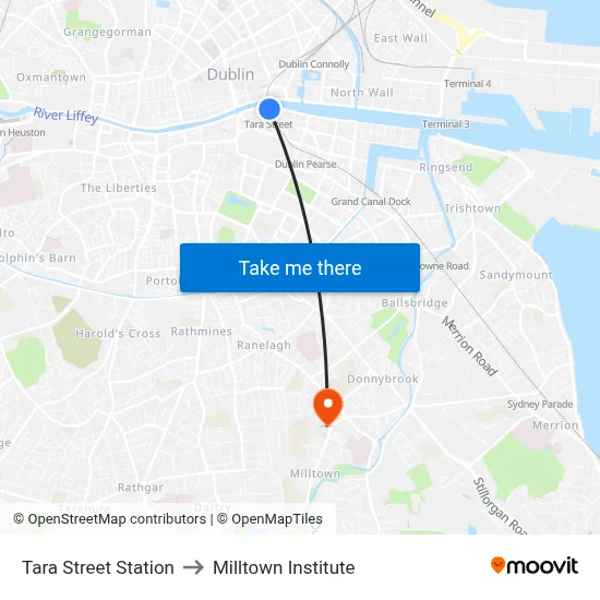 Tara Street Station to Milltown Institute map