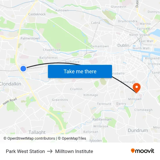 Park West Station to Milltown Institute map
