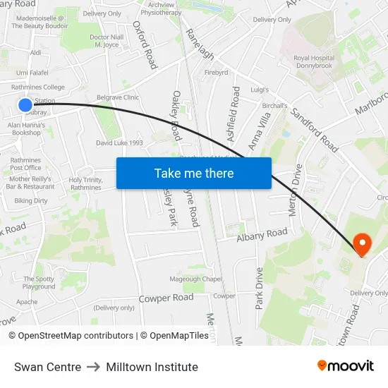 Swan Centre to Milltown Institute map