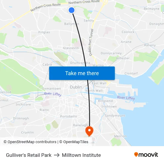 Gulliver's Retail Park to Milltown Institute map