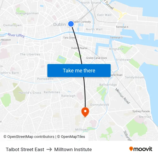 Talbot Street East to Milltown Institute map
