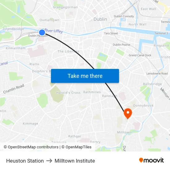 Heuston Station to Milltown Institute map