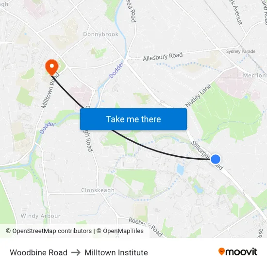 Woodbine Road to Milltown Institute map
