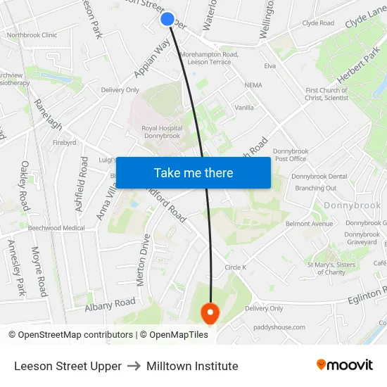 Leeson Street Upper to Milltown Institute map