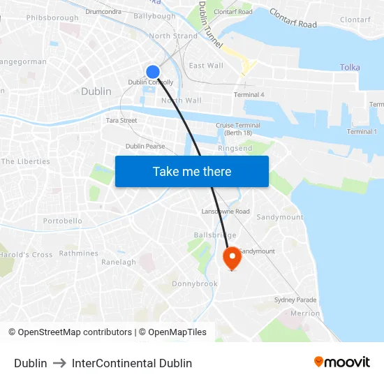 Dublin to InterContinental Dublin map