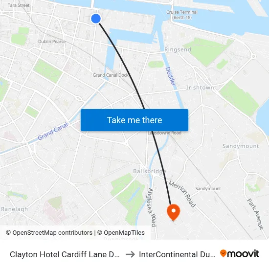 Clayton Hotel Cardiff Lane Dublin to InterContinental Dublin map