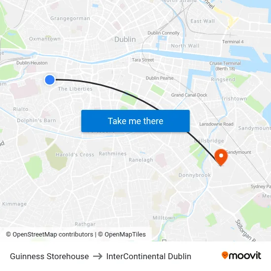 Guinness Storehouse to InterContinental Dublin map