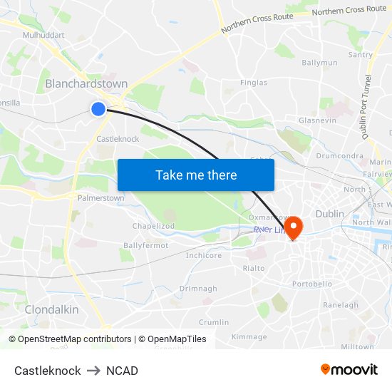 Castleknock to NCAD map