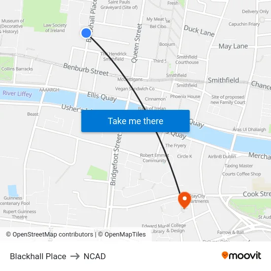 Blackhall Place to NCAD map