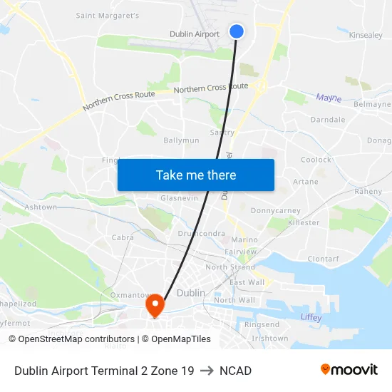 Dublin Airport Terminal 2 Zone 19 to NCAD map