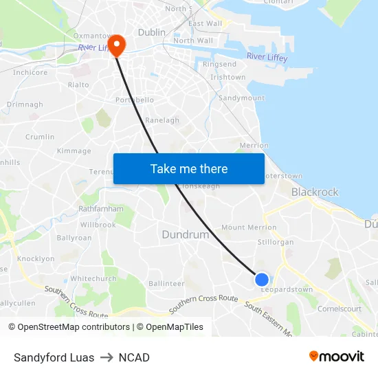 Sandyford Luas to NCAD map