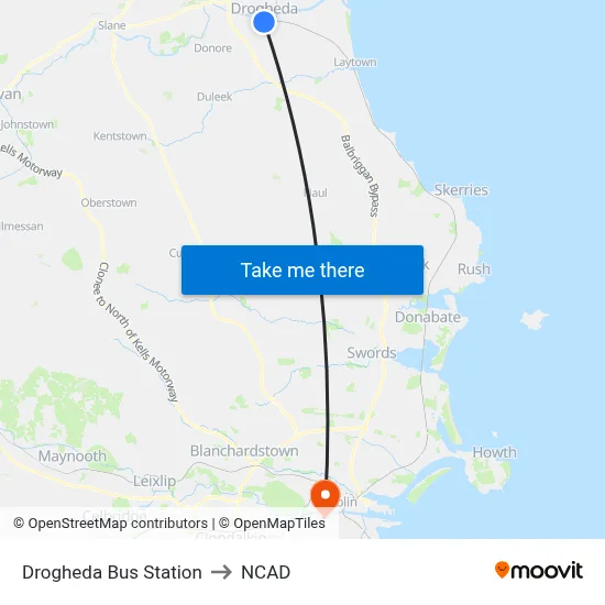 Drogheda Bus Station to NCAD map