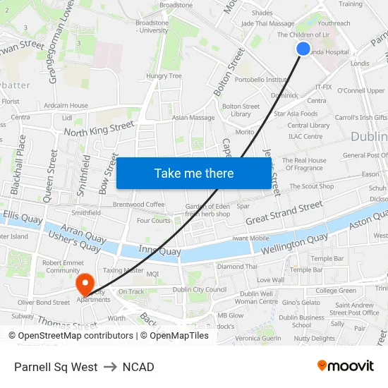 Parnell Sq West to NCAD map